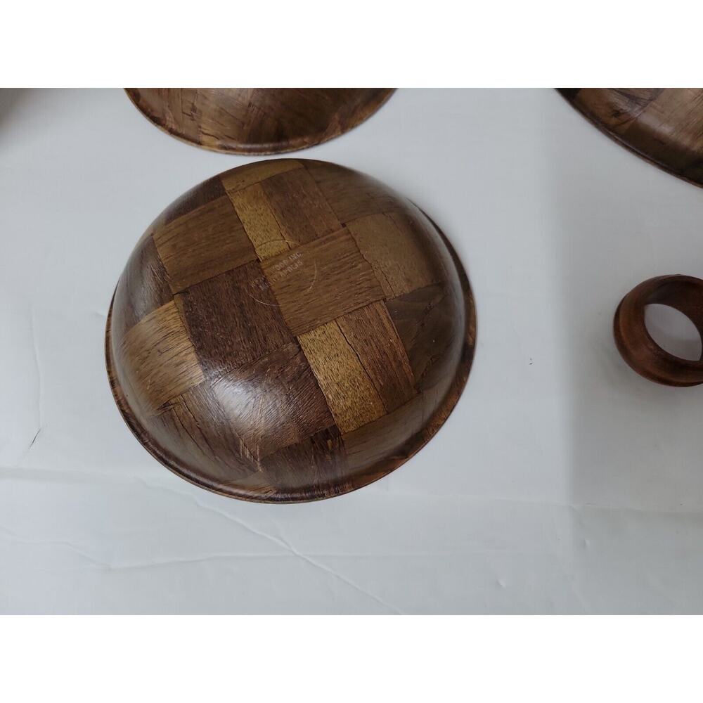 Vtg Mid-Century Wooden Weavewood Salad Brown Partial Bowl Set Kitchen Decor - Picture 7 of 10